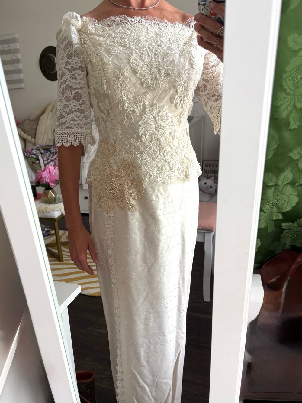 Vintage Lorrie Kabala Lace Wedding Gown Off Shoulder Beaded Lace Silk Sheath